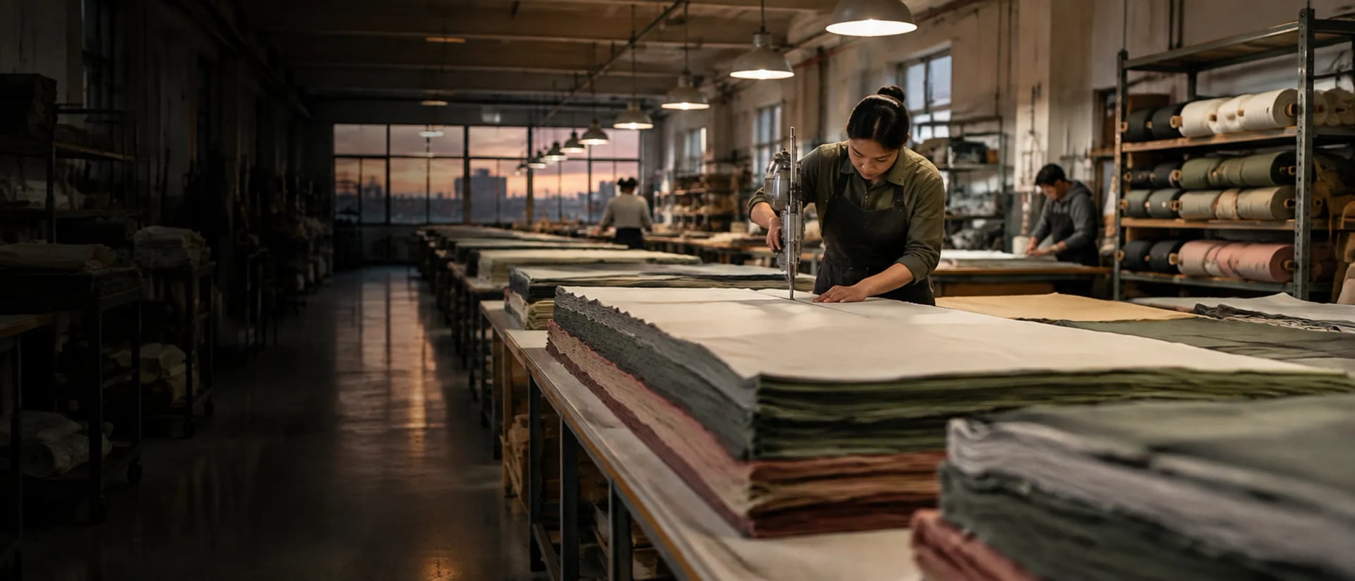 Cutting tables with stacked fabric on a garment production floor