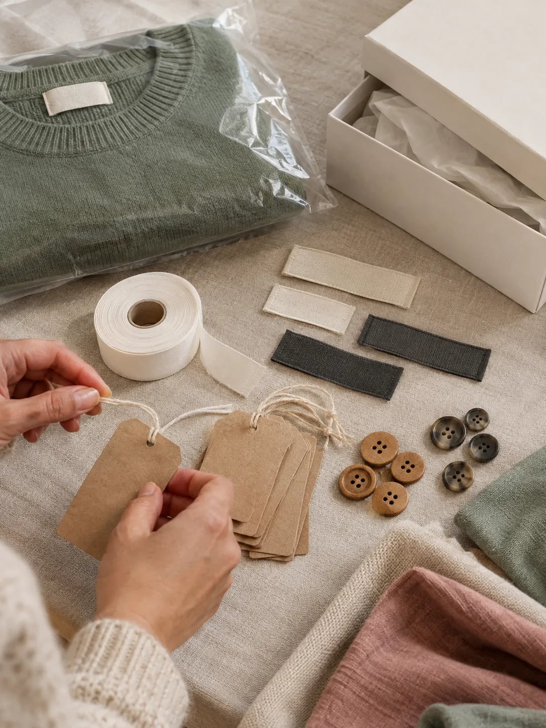 Blank woven labels, kraft swing tags, buttons and a gift box ready for private-label packing