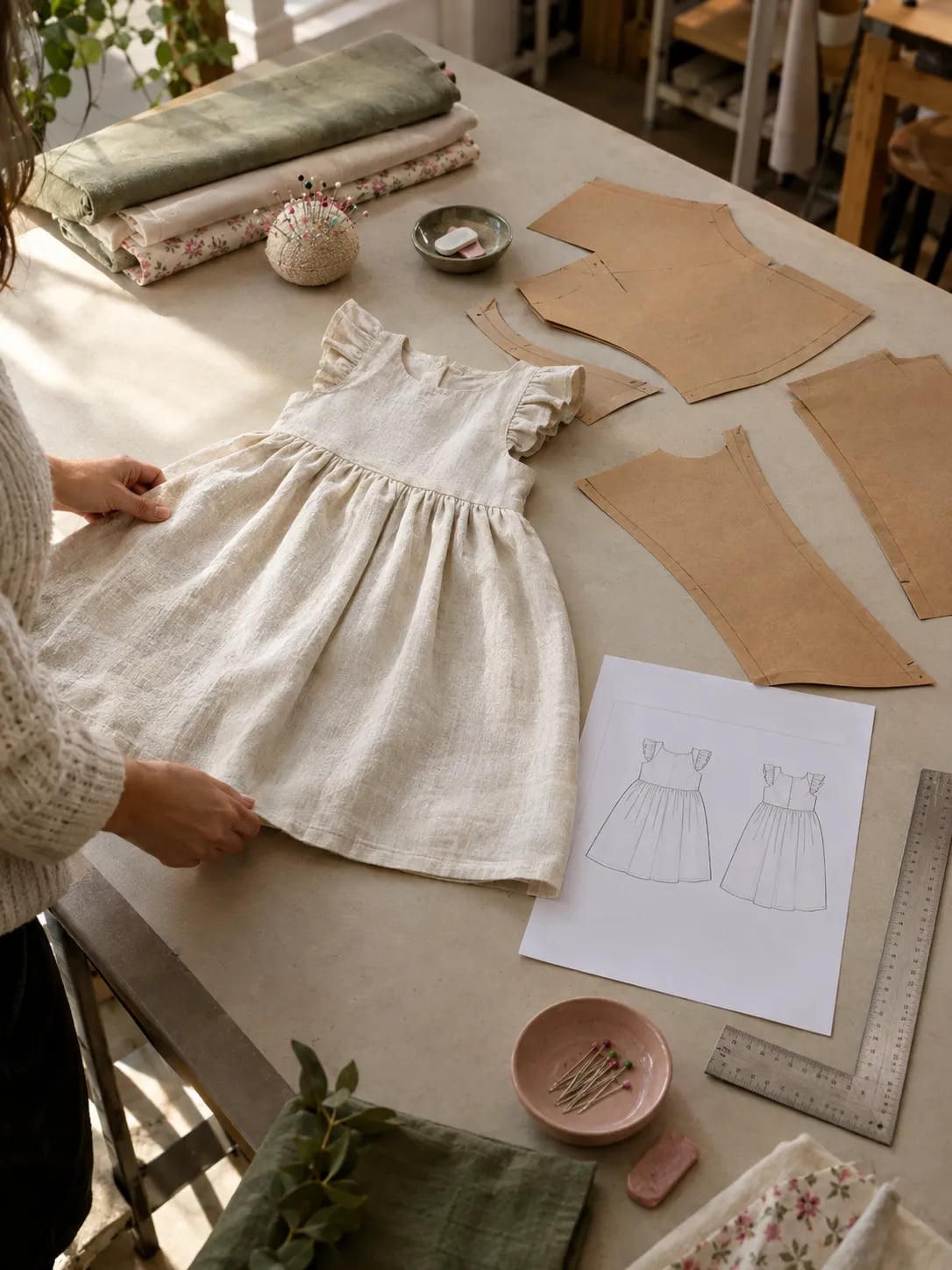 A sealed linen dress sample beside paper pattern pieces and a flat sketch