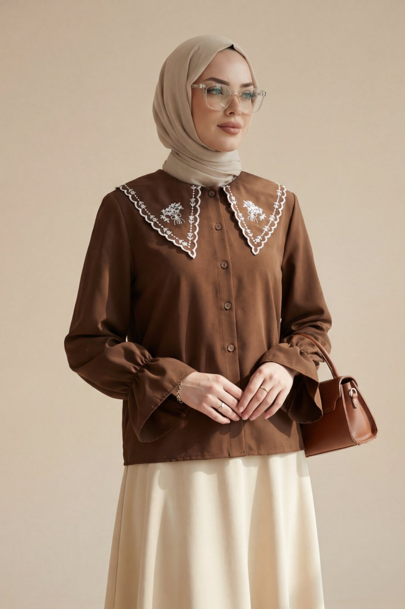 Baby Collar Ruffled Sleeve Poplin Shirt Blouse - Brown - Podyumplus - by Peralane - photo 2