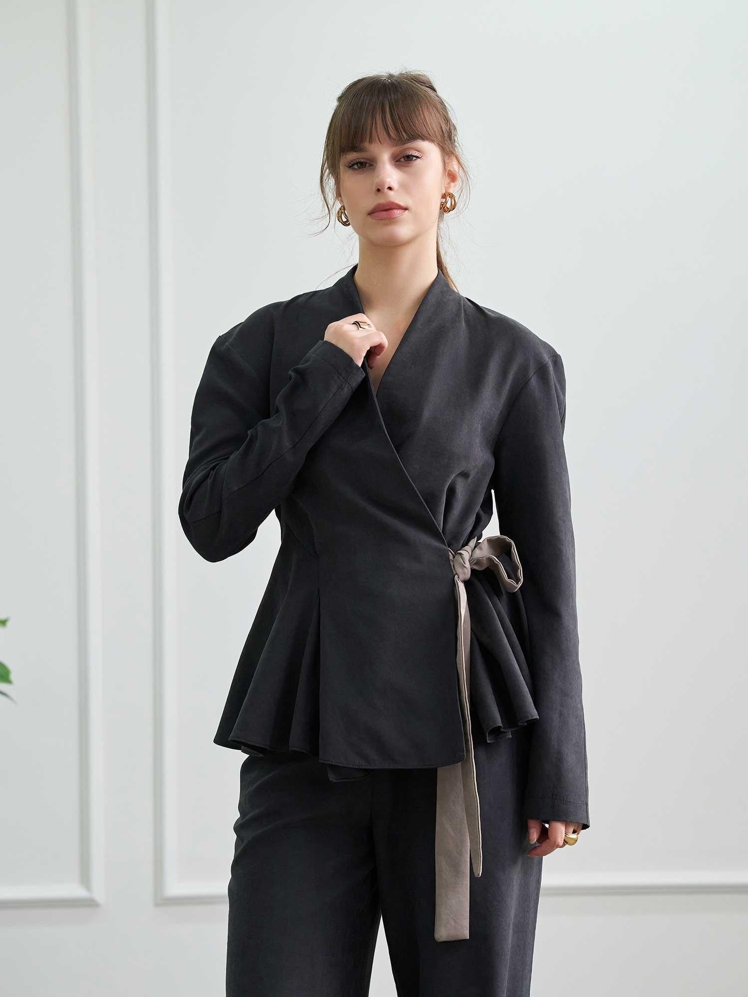 Peplum Wrap Belted Modal Suede Jacket - Lefon - by Peralane - photo 7