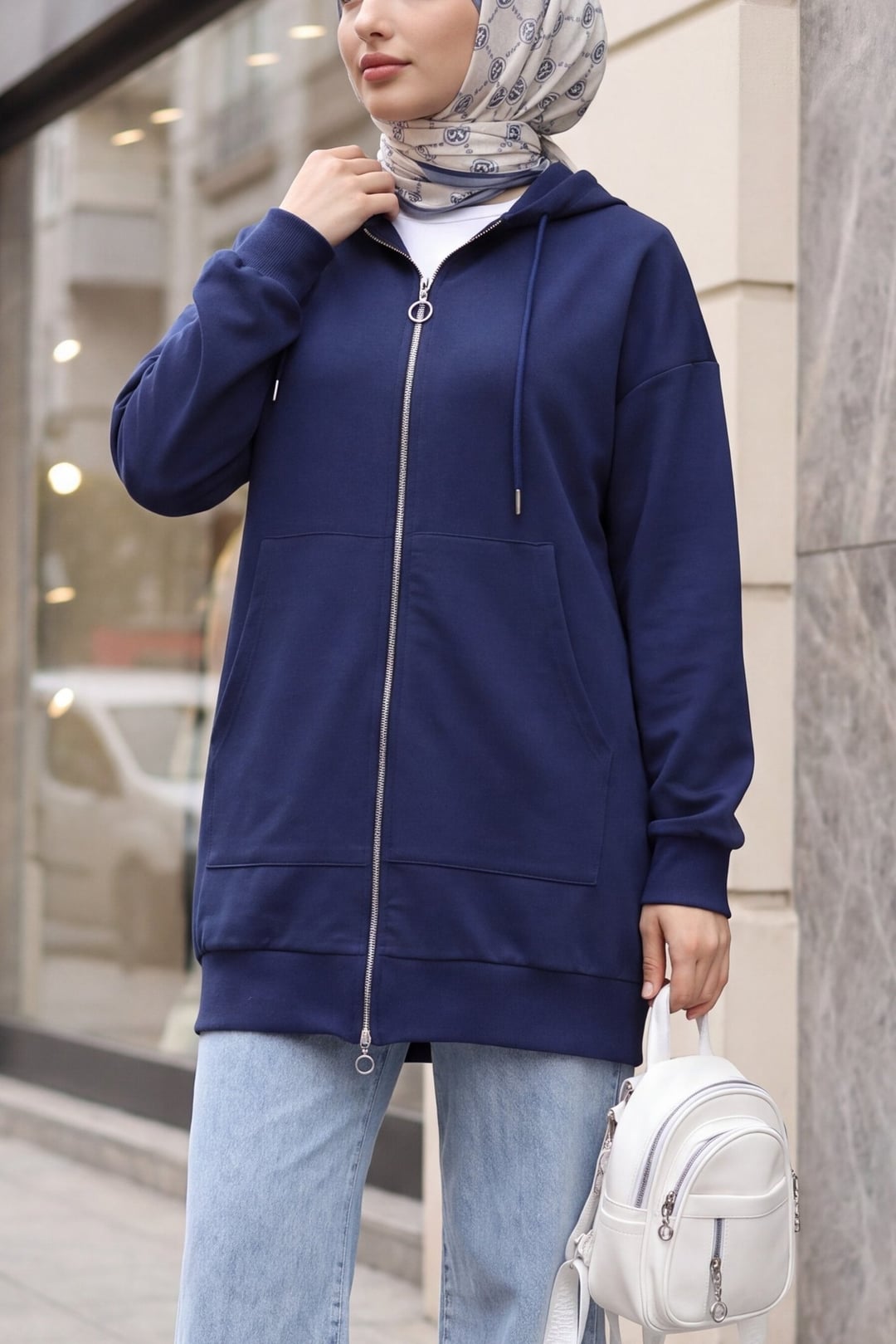 Navy Blue Zip-Up Kangaroo Pocket Hooded Sweatshirt - Podyumplus - by Peralane