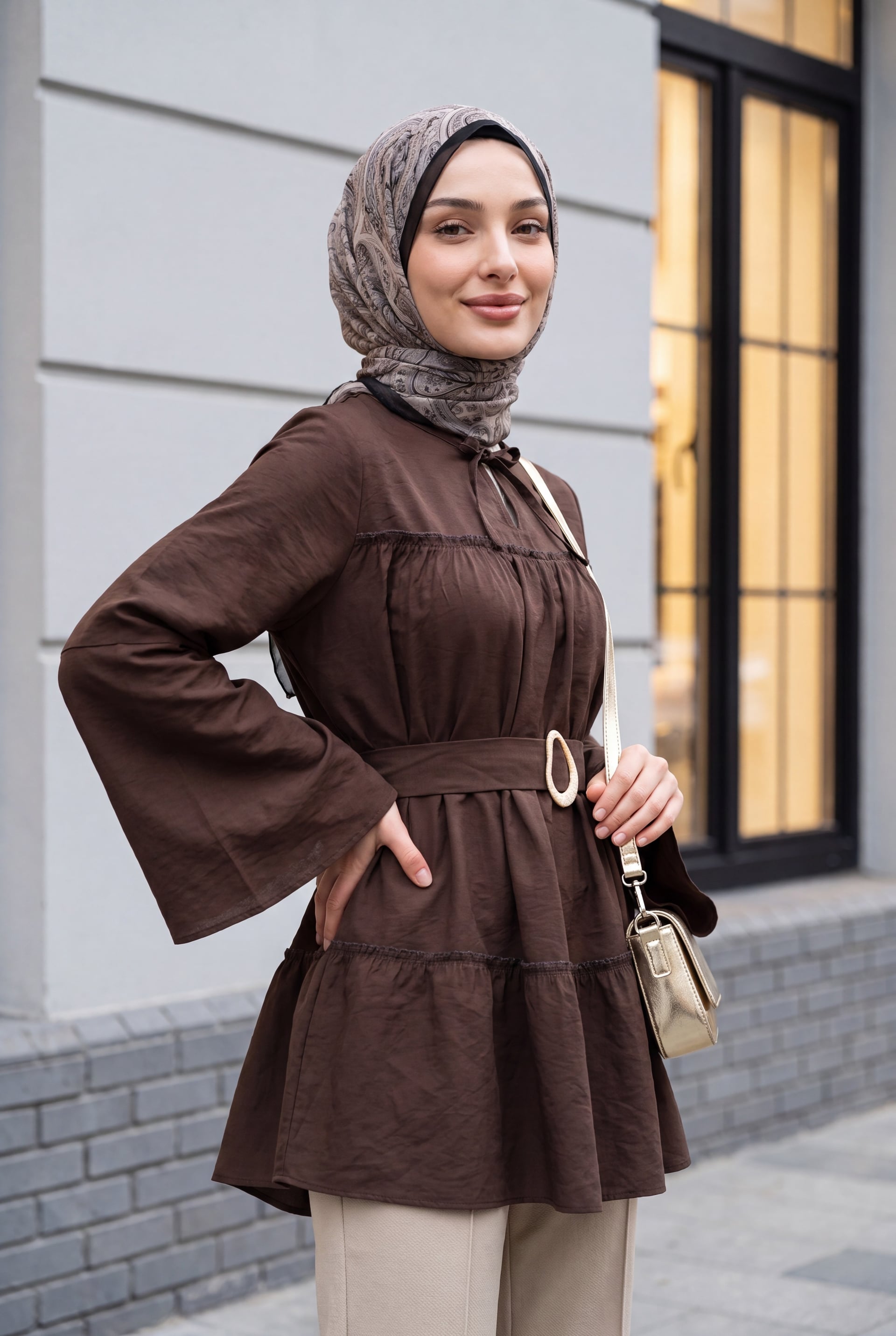 Buckle Belt Wrap Neck Panel Polyviscose Tunic - Dark Brown - Podyumplus - by Peralane - photo 6