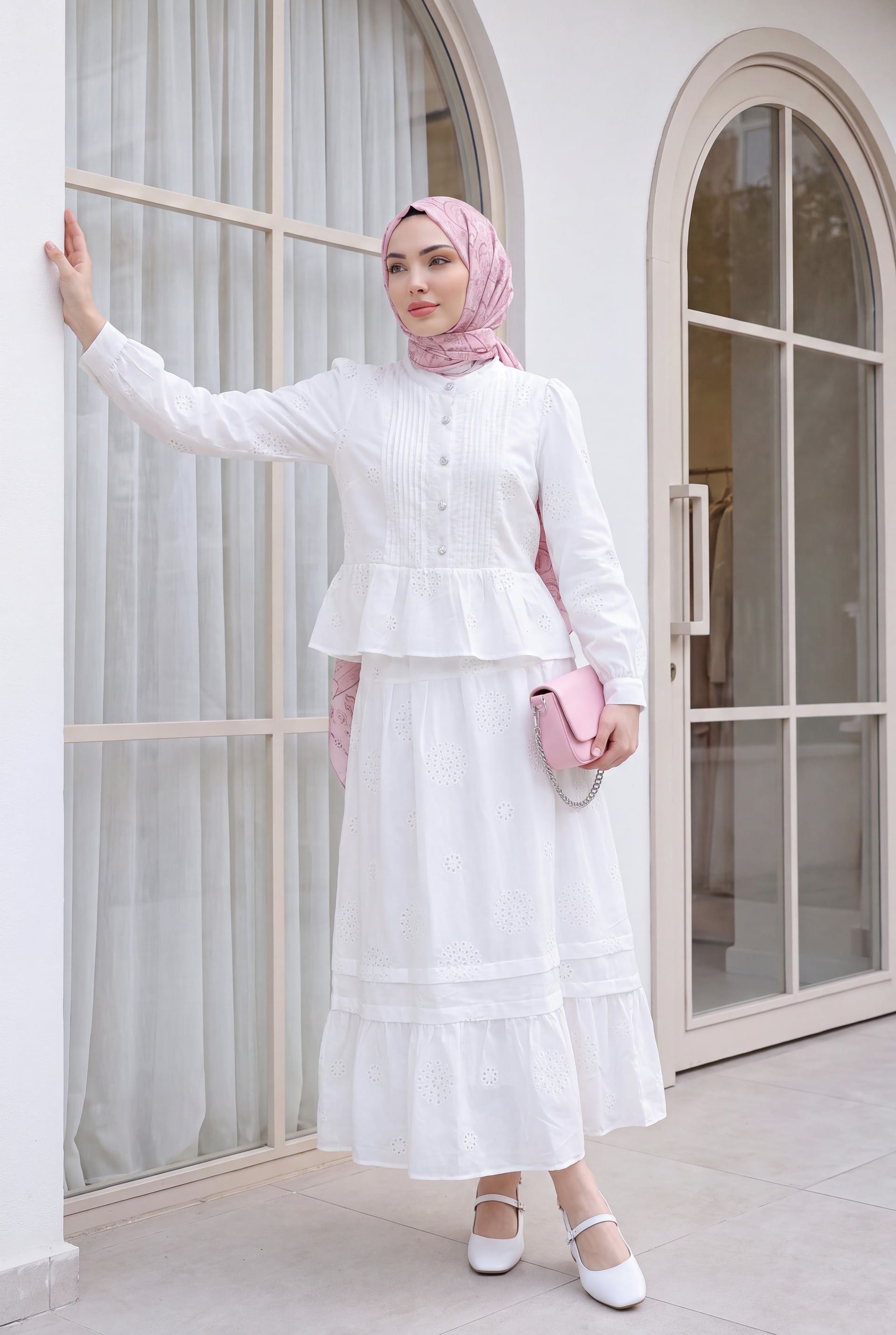 Ribbed Front Stone Button Peplum Lined Skirt Linen Look Set - White - Podyumplus - by Peralane - photo 3