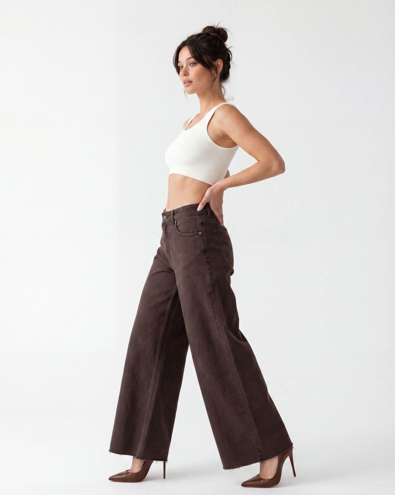 High-Waist Wide-Leg Denim Trousers in Dark Brown – Cotton - Fame - by Peralane - photo 4