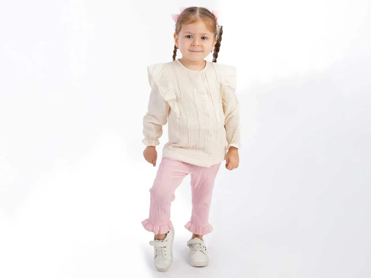 Ruffled Baby Girl Two-Piece Set - Cream and Pink - Beyaz Bebek - by Peralane