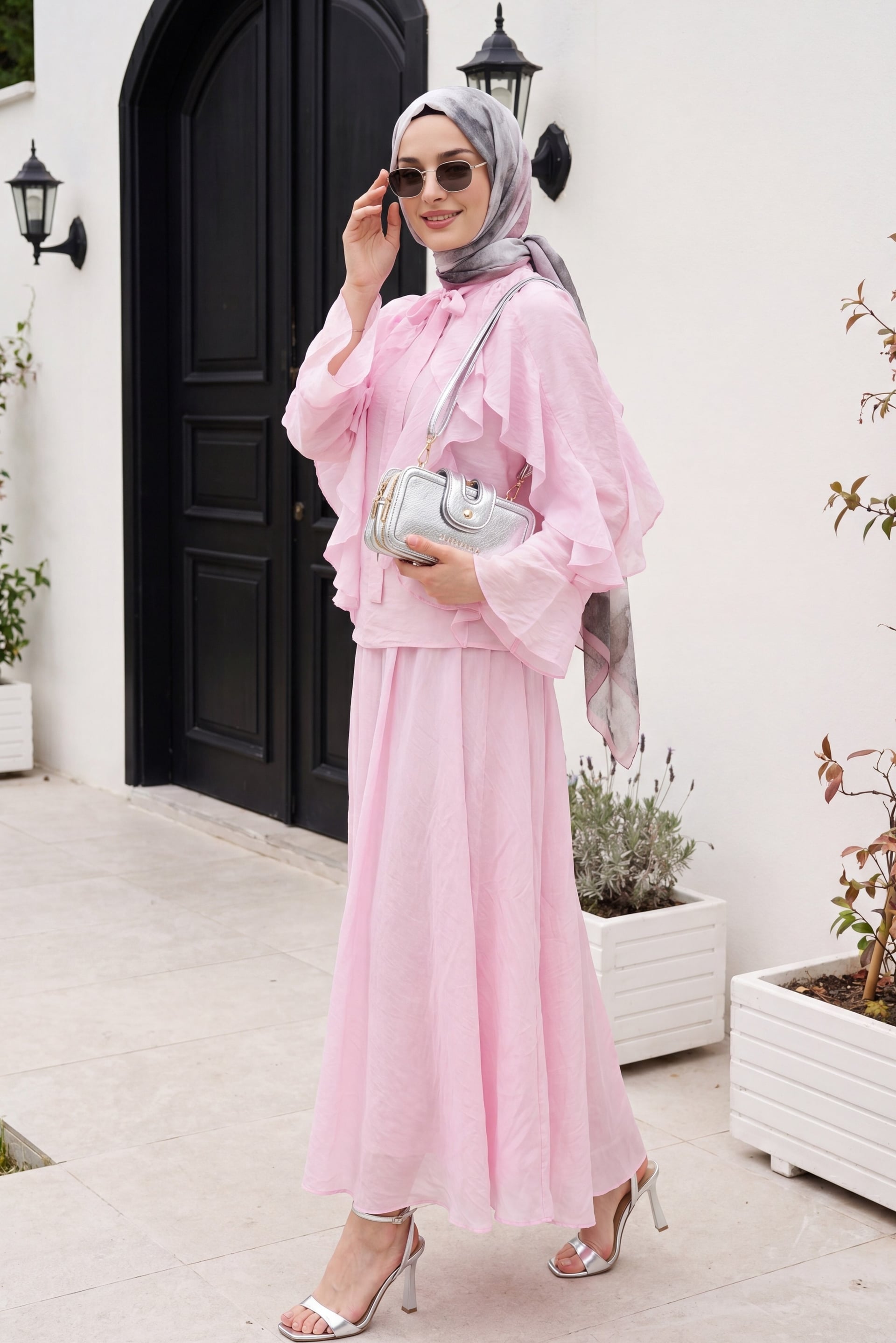 Tie-Neck Ruffled Lined Tulle Modal Two-Piece Set - Powder - Podyumplus - by Peralane - photo 3