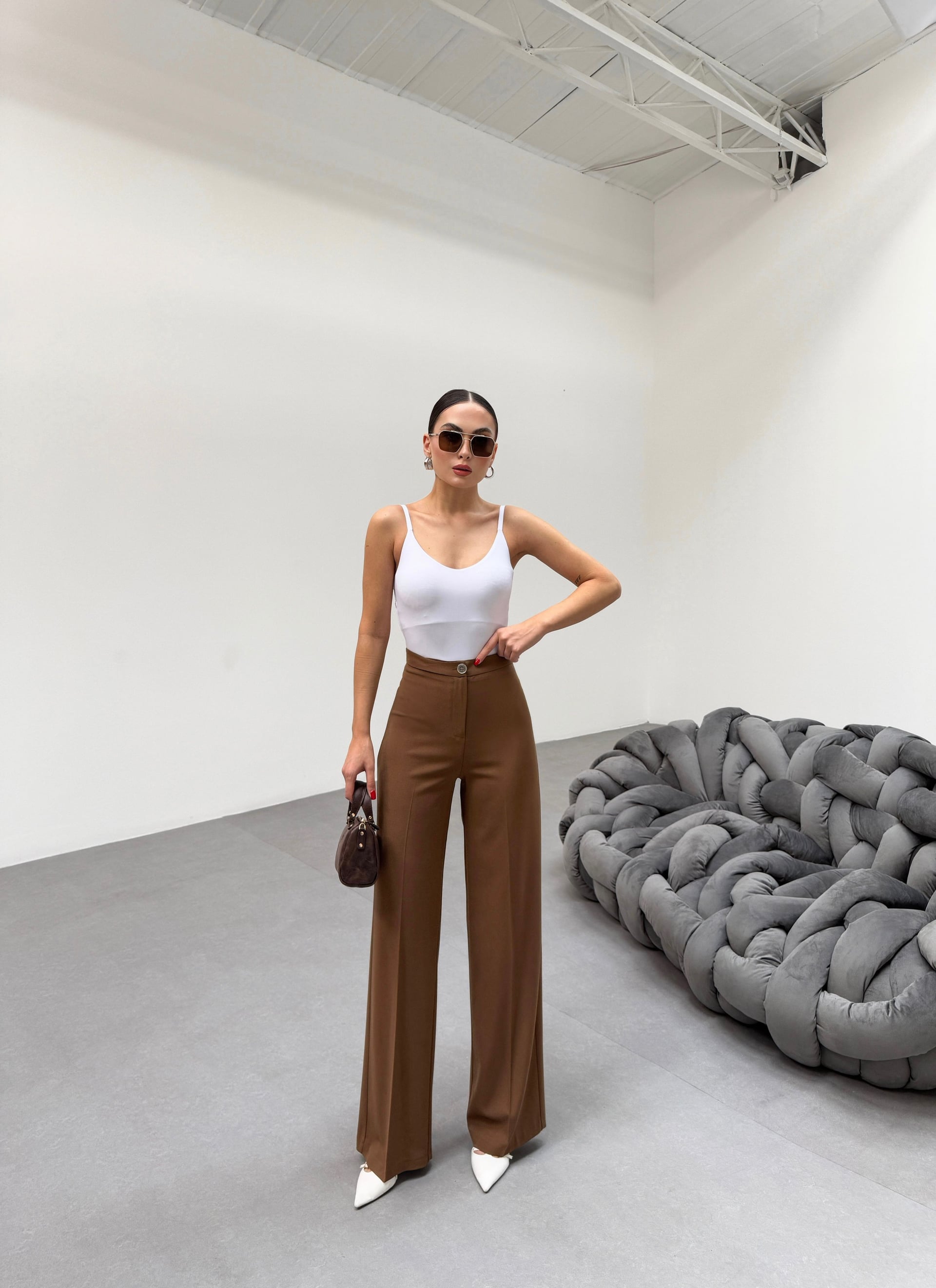 Women's High Waist Straight Fit Palazzo Pants in Brown - Ouz Fashion - by Peralane