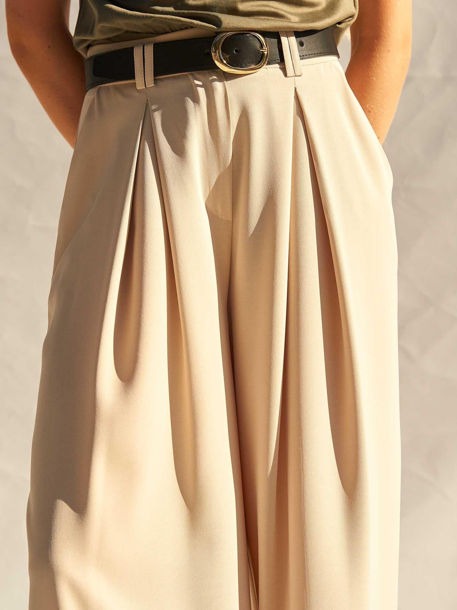 Belted High-Waist Pleated Palazzo Trousers with Matching Sleeveless Top - Stone/Beige - Lefon - by Peralane - photo 9