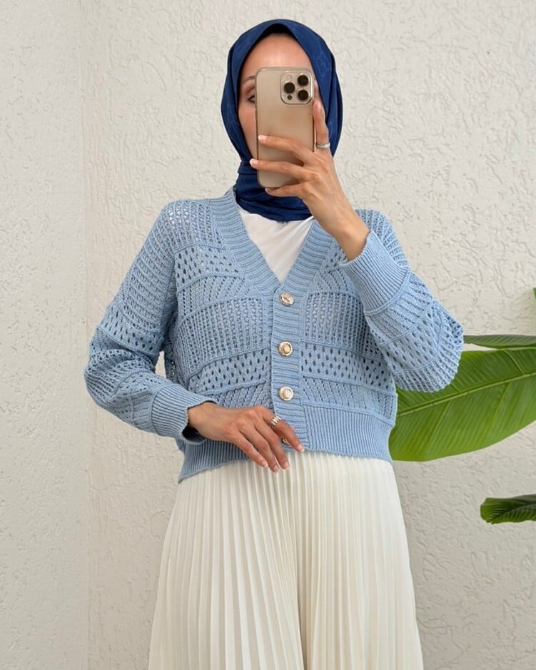 Light Blue Open-Knit Buttoned Cardigan for Women - Podyumplus - by Peralane - photo 3