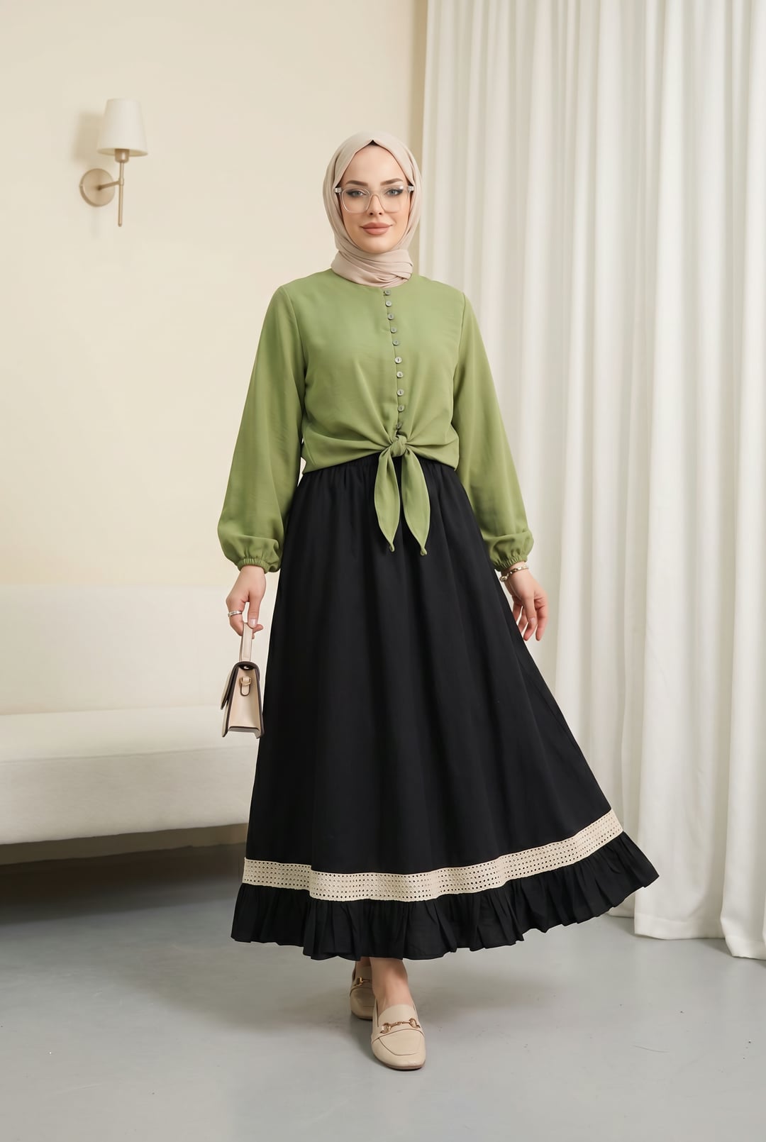Elastic Waist Lace Trim Ruffle Voile Skirt - Black - Podyumplus - by Peralane - photo 2