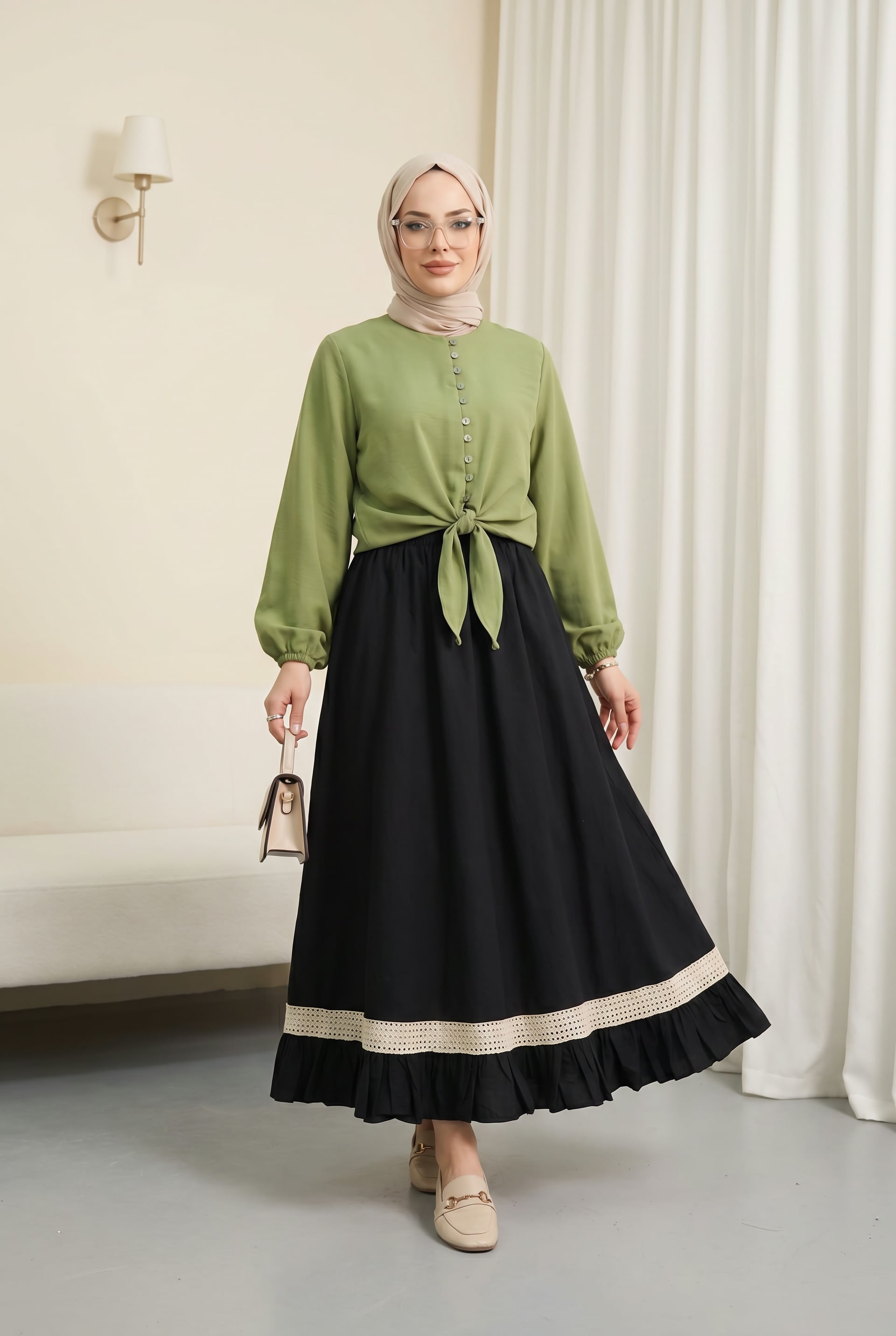 Elastic Waist Lace Trim Ruffle Voile Skirt - Black - Podyumplus - by Peralane - photo 2