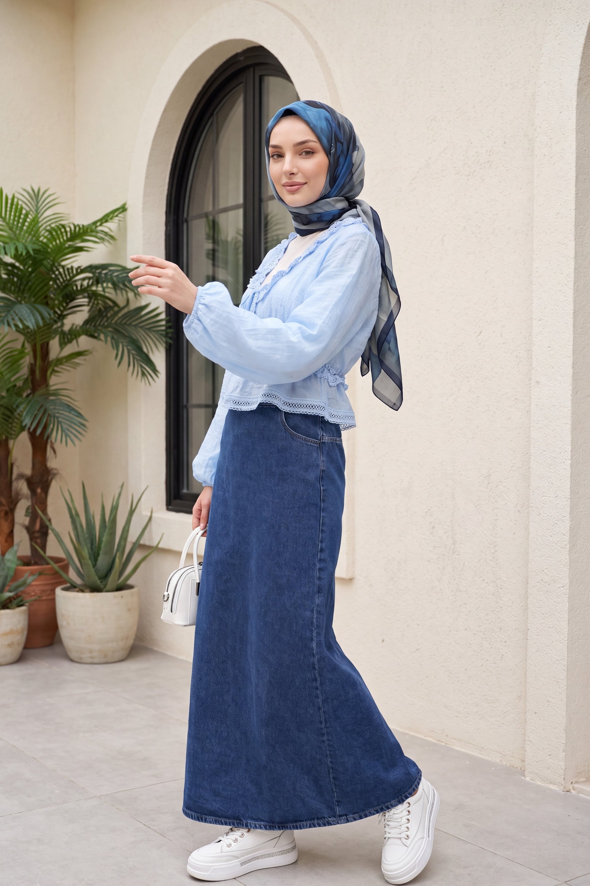 Half Elastic Waist Pockets Embroidered Denim Skirt - Dark Blue - Podyumplus - by Peralane - photo 6