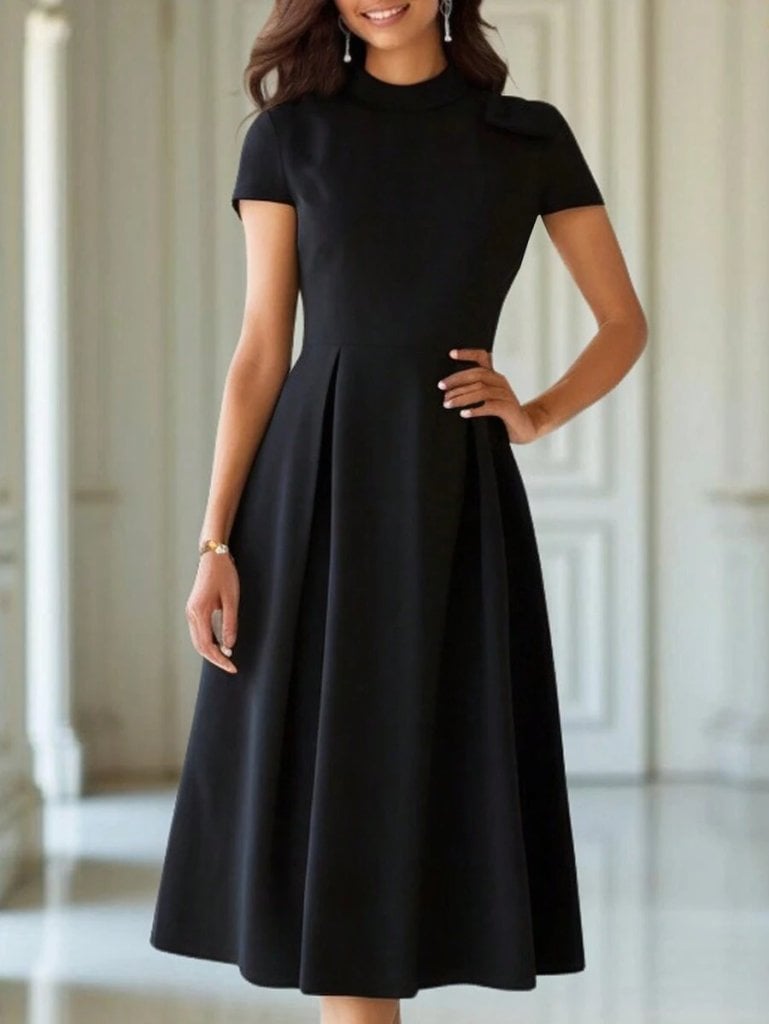 Women's Short-Sleeve Half-Turtleneck Pleated Crepe Midi Dress - Janes - by Peralane