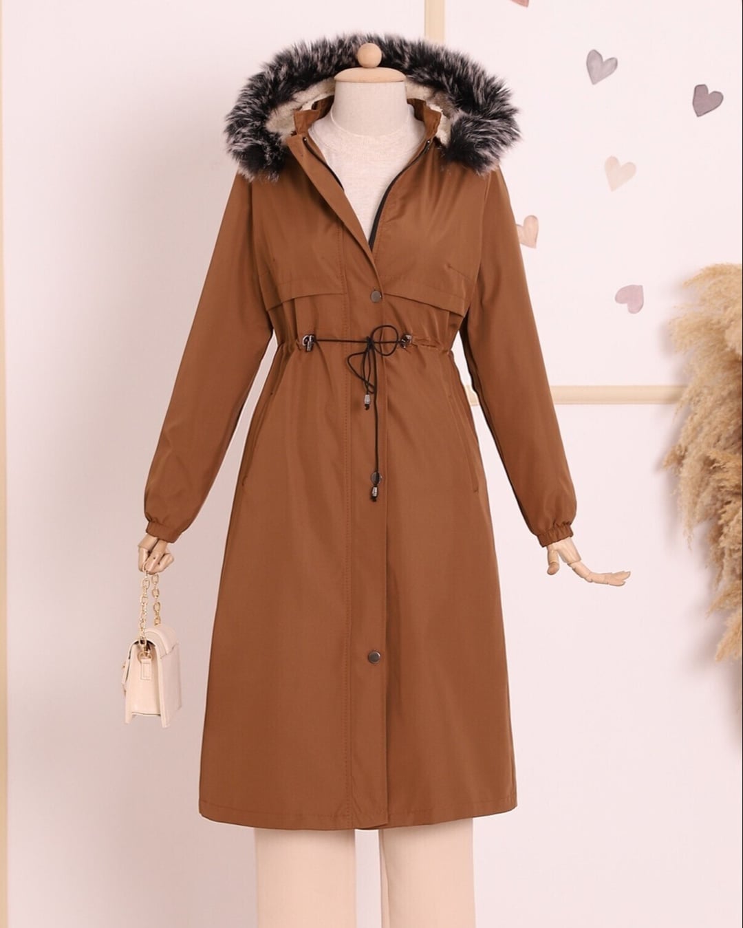 Women's Taba Long Drawstring Hooded Coat with Faux Fur Trim - Podyumplus - by Peralane - photo 3