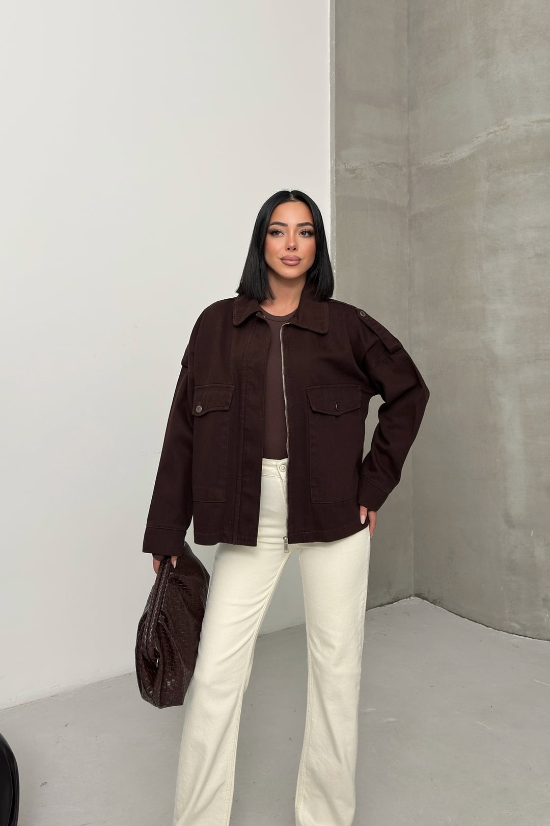 Women's Brown Denim Jacket with Pockets - Regular Fit - Xlove - by Peralane - photo 6