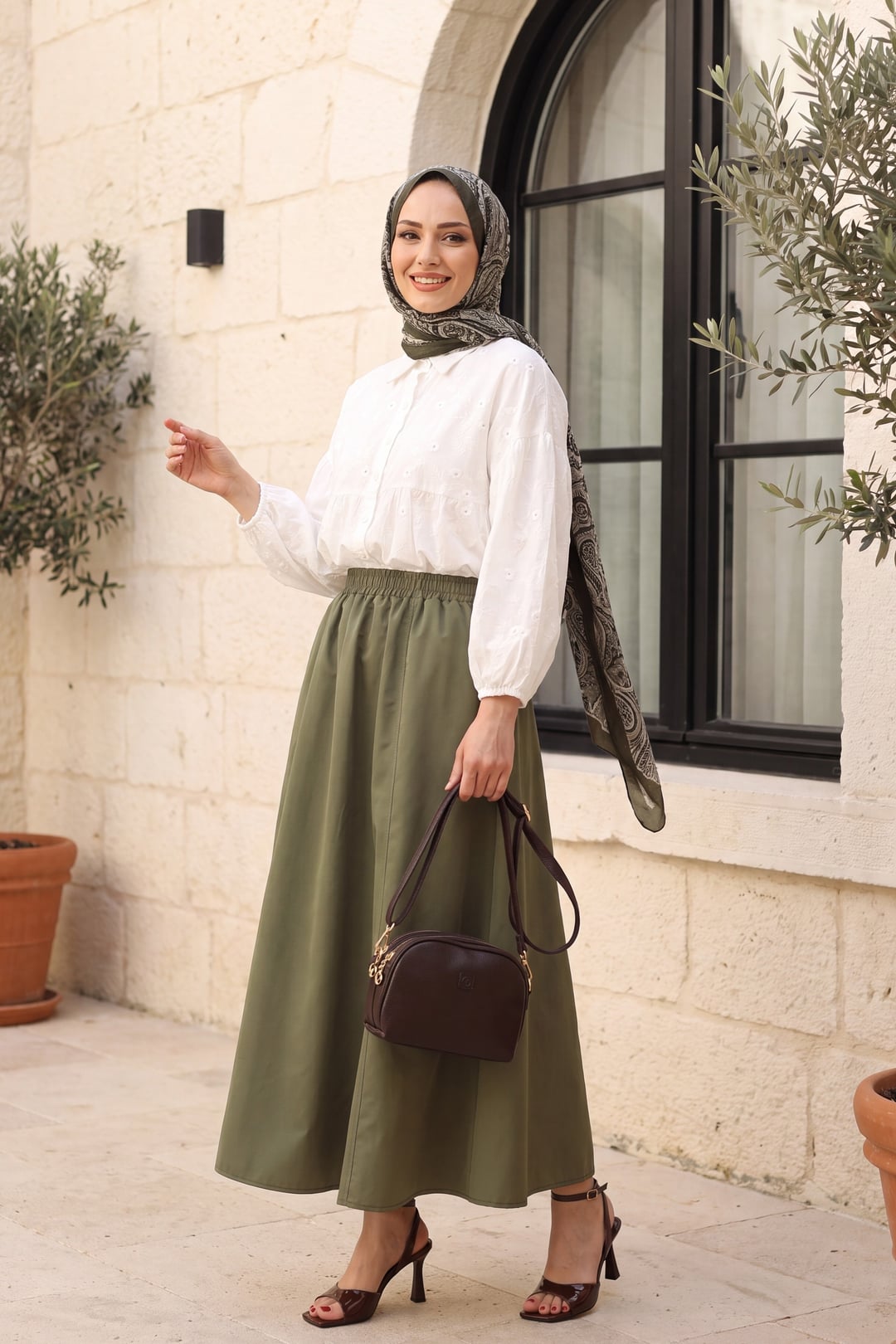 Elasticated Waist Parachute Skirt with Pockets - Olive Green - Podyumplus - by Peralane - photo 2
