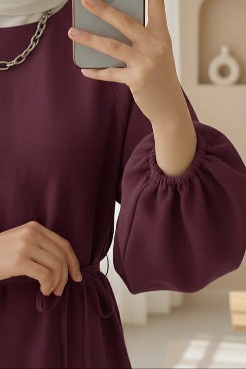 Round Neck Tie Waist Balloon Sleeve Tunic - Burgundy - Podyumplus - by Peralane - photo 6