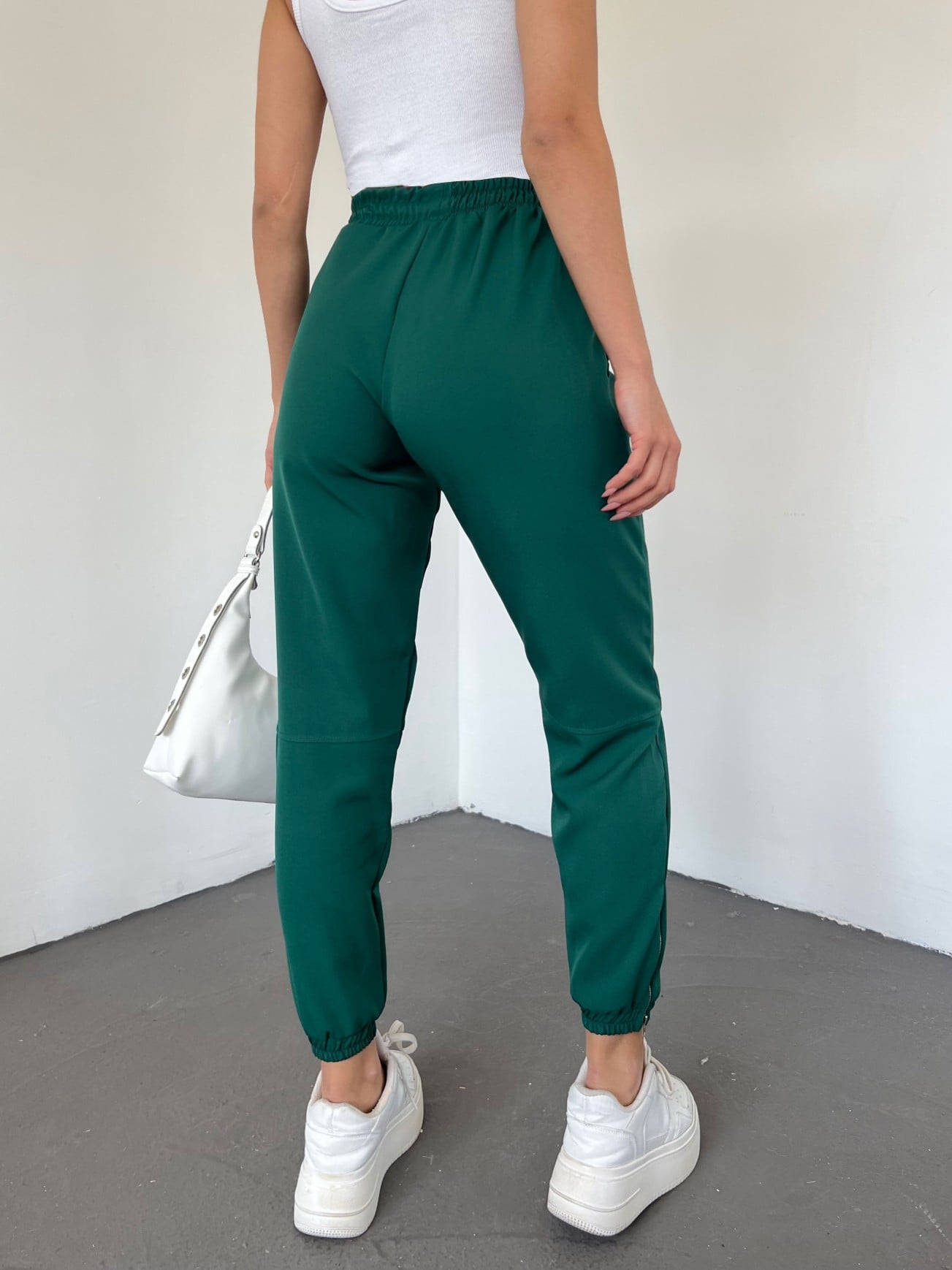 Elasticated Waist Drawstring Trousers with Zippered Ankles - Emerald Green - Podyumplus - by Peralane - photo 4