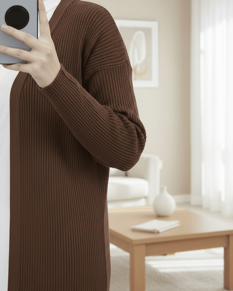 Long Ribbed Knit Cardigan with Side Slits - Brown - Podyumplus - by Peralane - photo 3