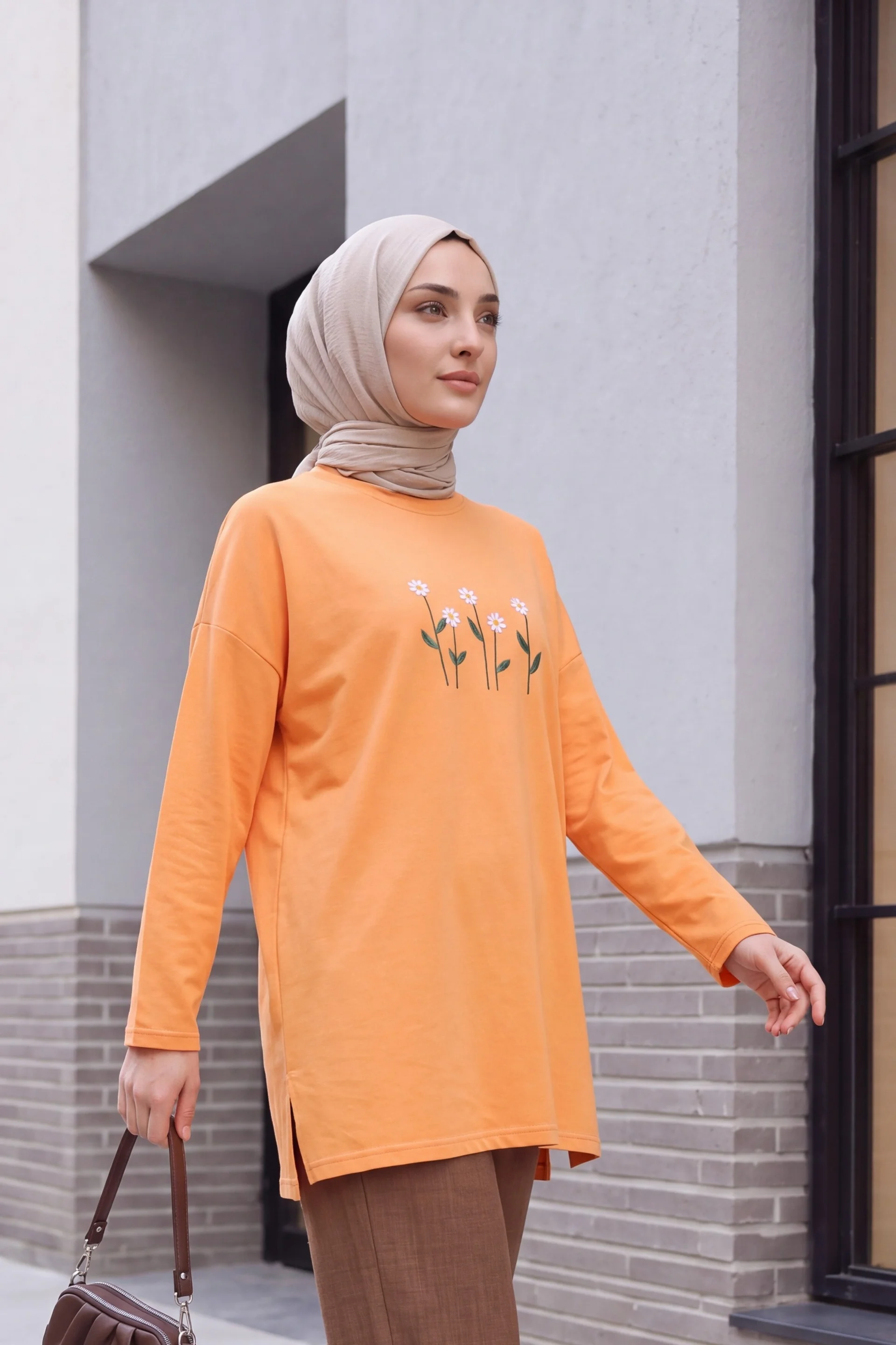 Orange Embroidered Daisy Round Neck Jersey Tunic - Podyumplus - by Peralane - photo 2