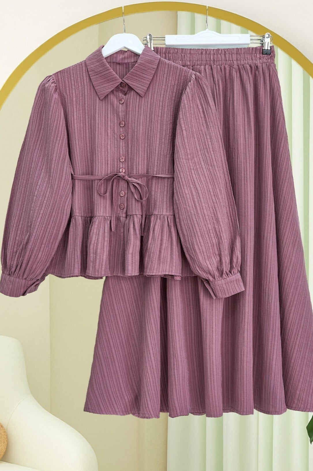 Ruffled Skirt Buttoned Tie-Waist Two-Piece Set - Cherry - Podyumplus - by Peralane - photo 3