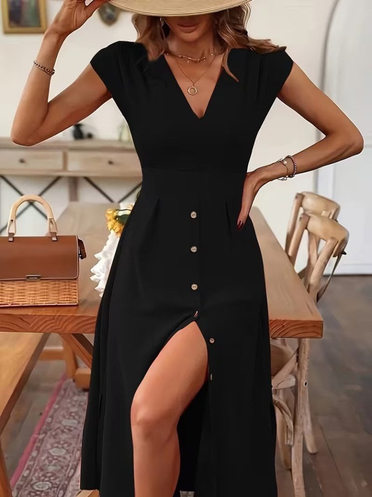 Women's Black Short-Sleeved V-Neck Button-Front Midi Woven Viscose Dress - Janes - by Peralane