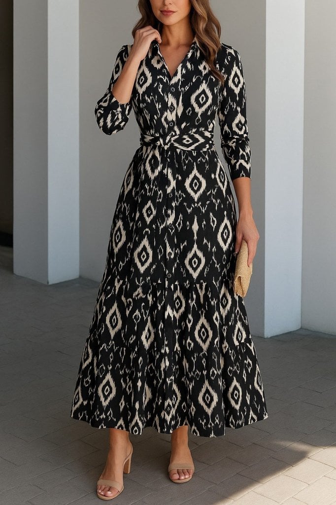 Women's Long Sleeve Ikat Print Maxi Shirt Dress with Belt - Janes - by Peralane - photo 3