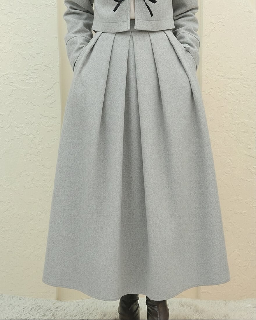 Pleated Zip Cashmere Effect Skirt - Light Grey - Podyumplus - by Peralane - photo 4