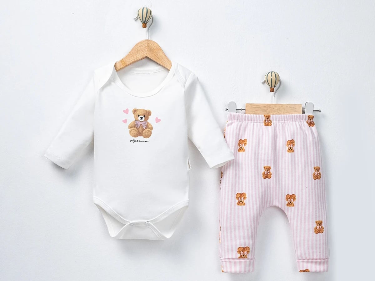 Heart Teddy Bear Print Baby Girl Set - White - Supermini - by Peralane