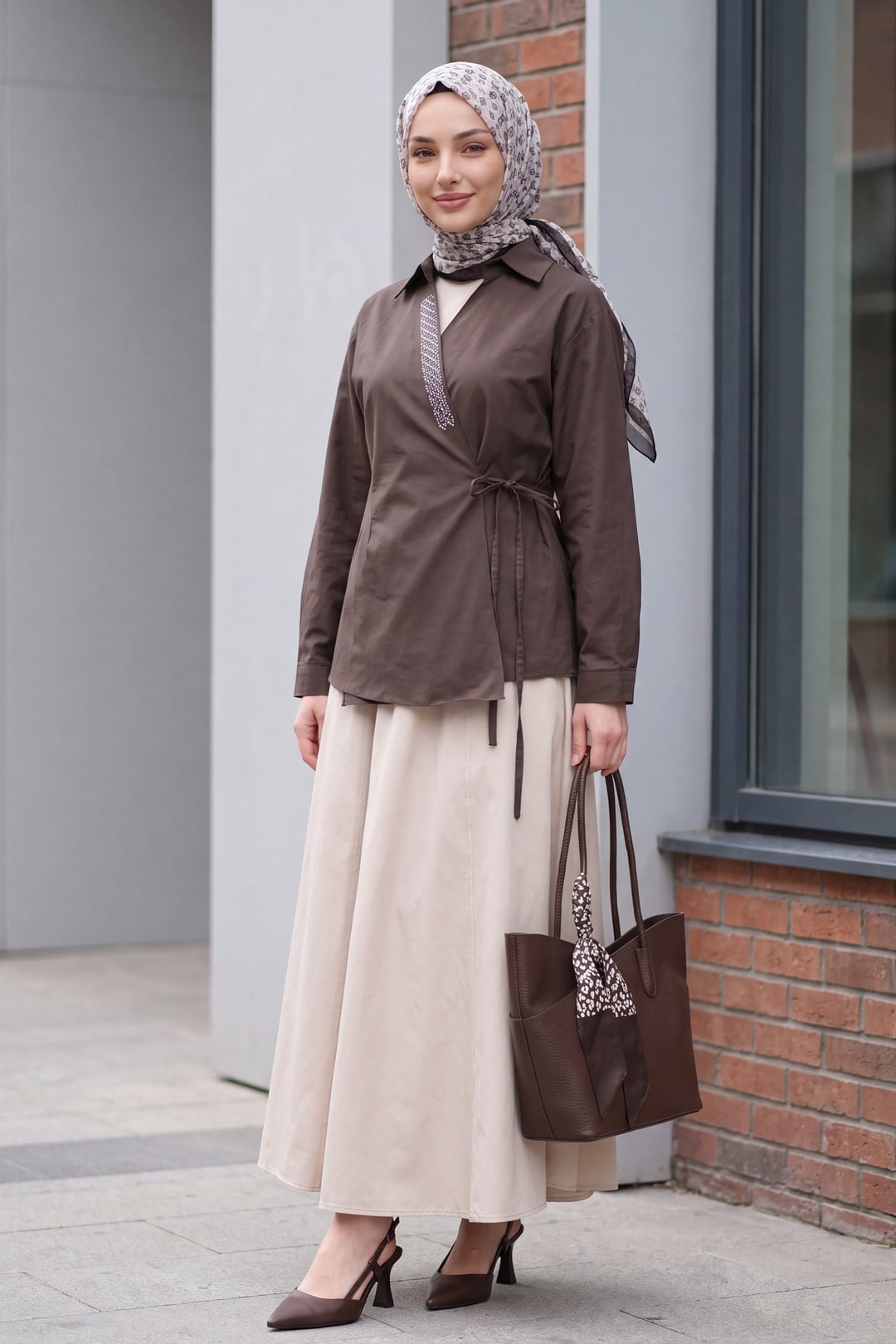 Side-Tie Stone-Detailed Wrap Collar Poplin Blouse - Dark Brown - Podyumplus - by Peralane - photo 2