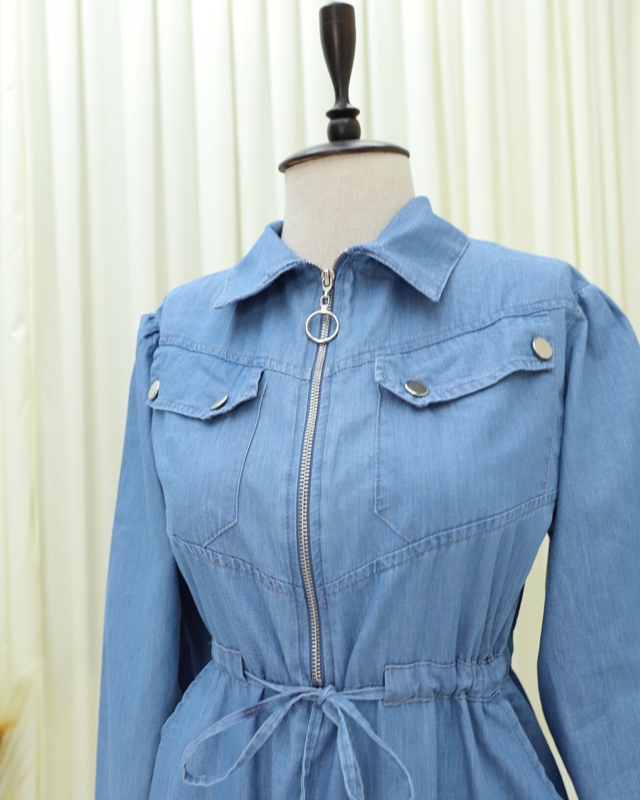 Tunnel Drawstring Half-Zip Pocket Denim Dress - Blue - Podyumplus - by Peralane - photo 9