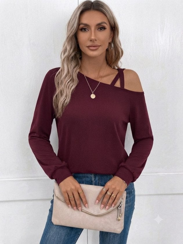 Women's Long-Sleeved One-Shoulder Cross-Strap Burgundy Ribbed Blouse - Janes - by Peralane - photo 2