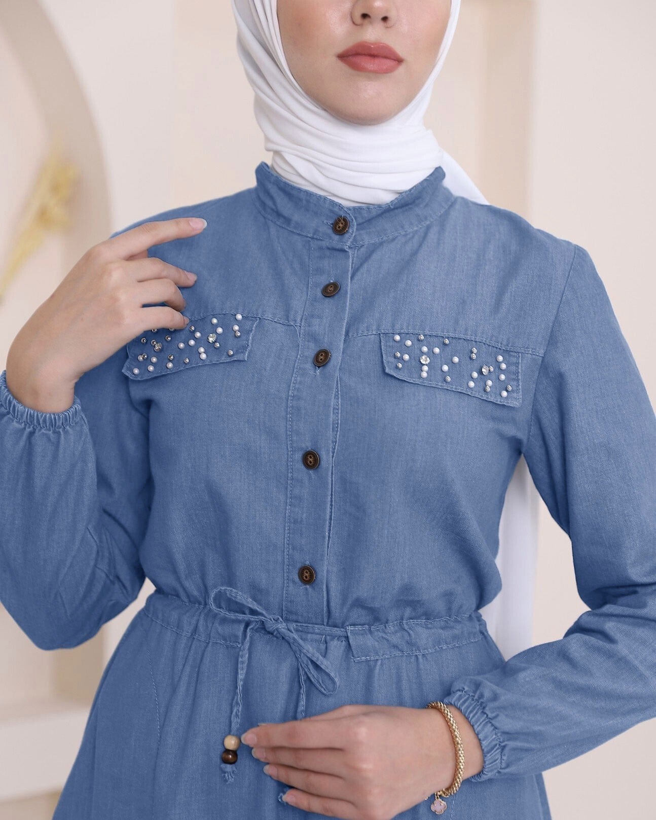 Pearl Detail Tunnel Lace-Up Long Denim Dress - Ice Blue - Podyumplus - by Peralane - photo 5
