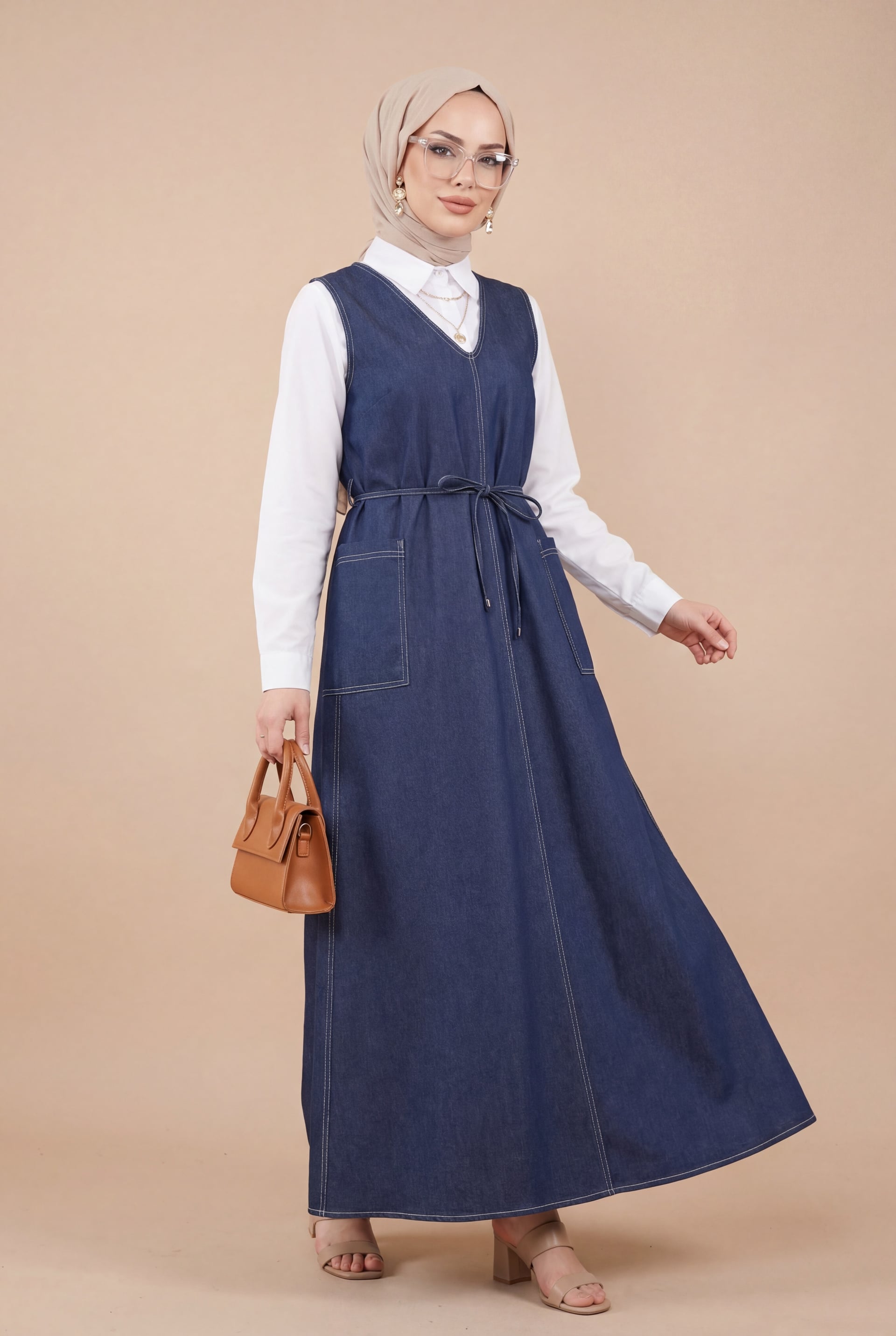 Side Pocket V-Neck Tie Waist Denim Dress - Dark Navy - Podyumplus - by Peralane - photo 3