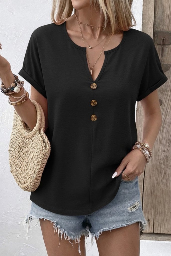 Women's Short Sleeve V-Neck Button Blouse - Janes - by Peralane - photo 2