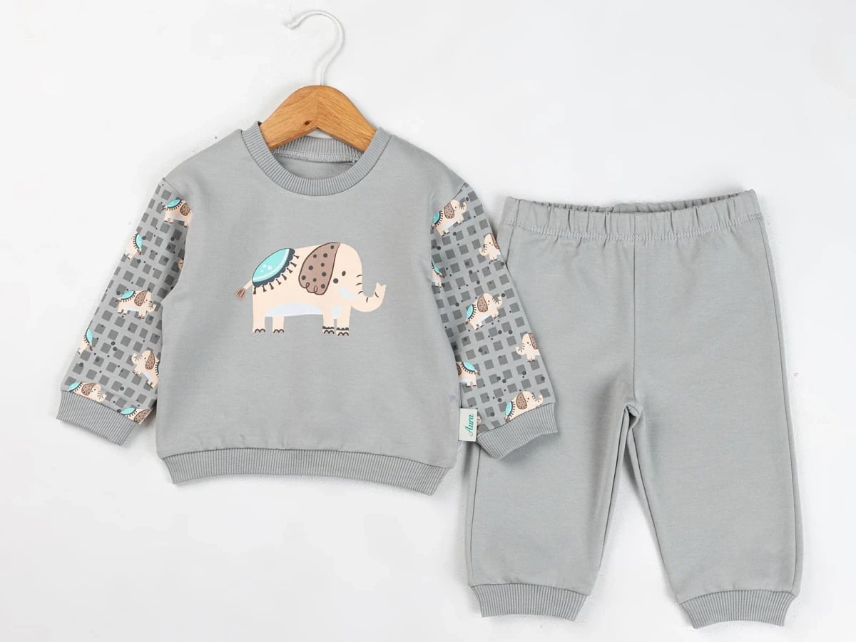 Grey Elephant Print Baby Boy 2-Piece Sweatshirt and Trouser Set - Comix - by Peralane