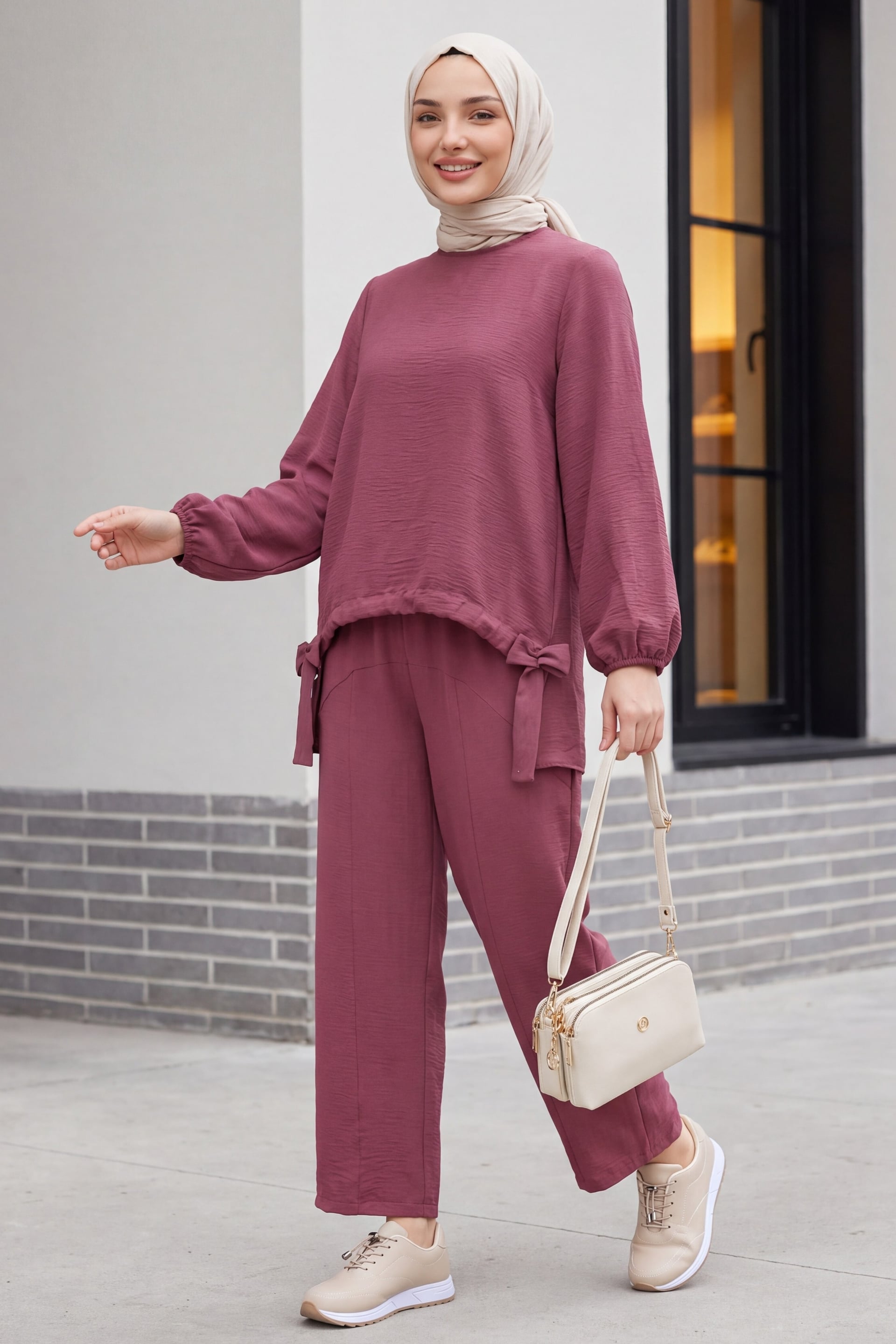 Front Drawstring Wide-Leg Trousers and Top Modest Co-ord Set - Deep Rose - Podyumplus - by Peralane