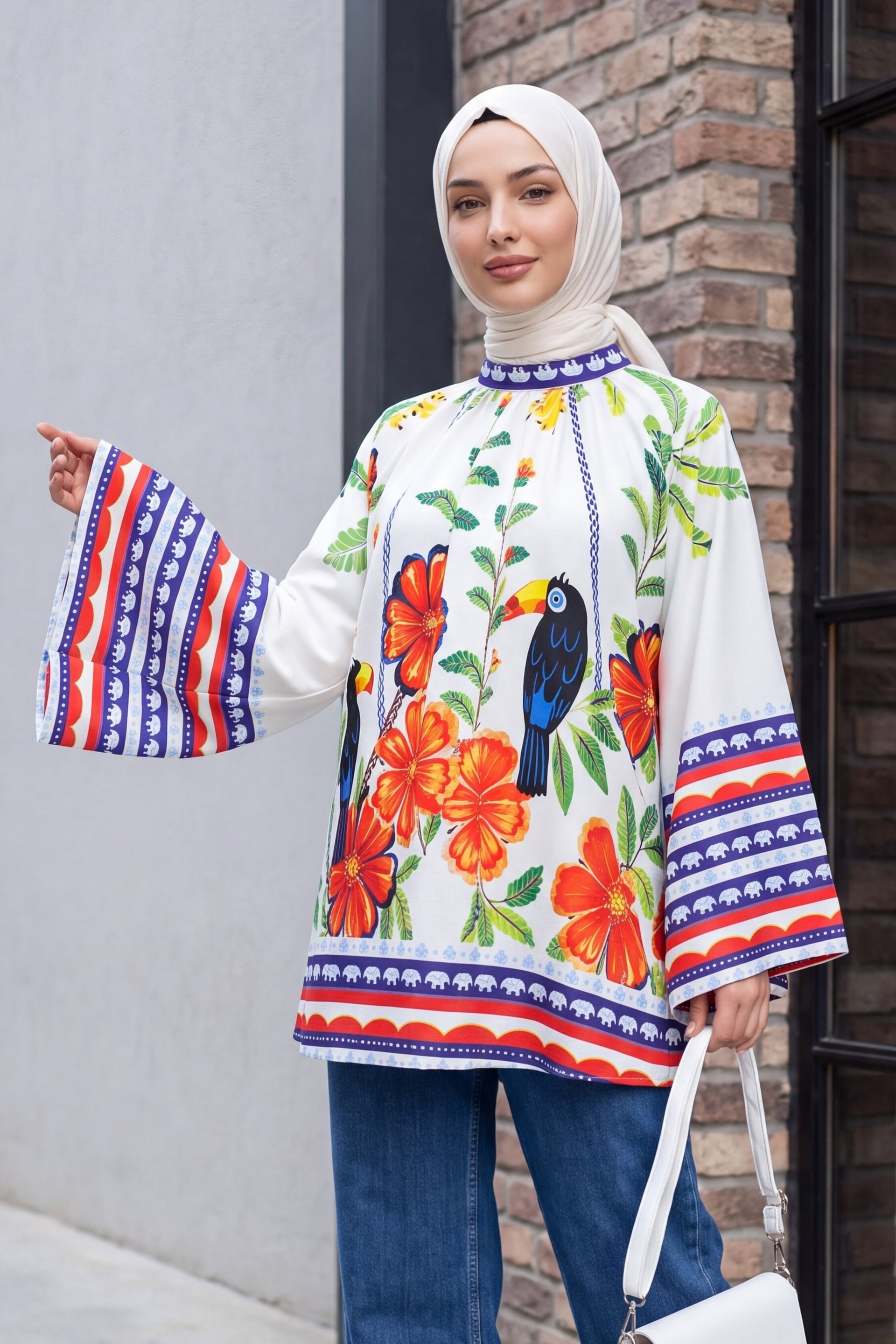 White Oversize Belted Wide-Sleeve Floral Toucan Print Tunic - Podyumplus - by Peralane - photo 3