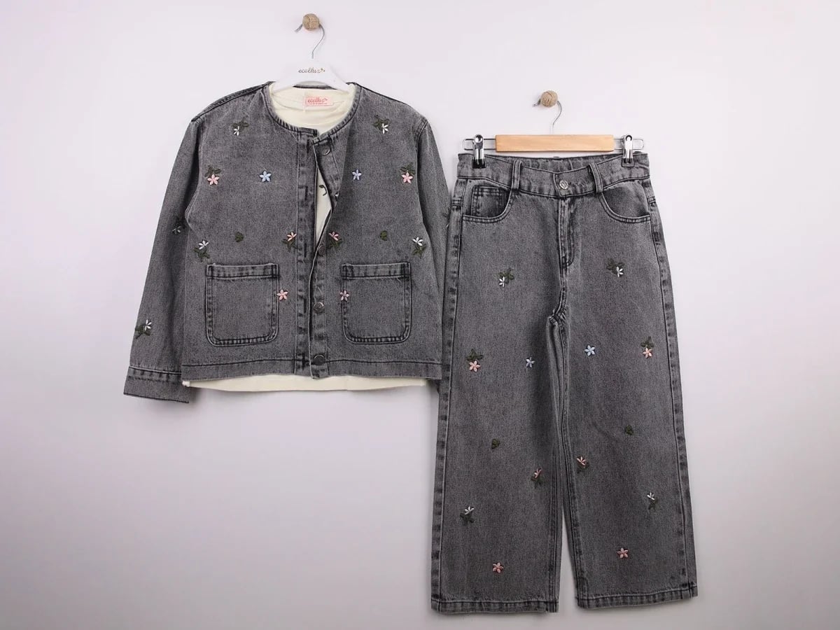 Girls' Denim Jacket and Trousers Set with Embroidered Floral Pattern - Ecolkiz - by Peralane