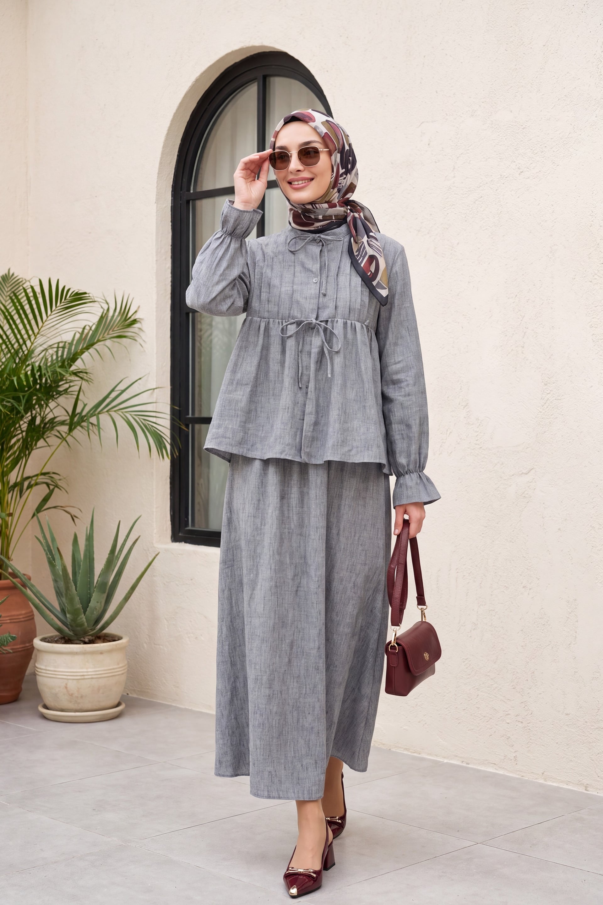 Half Button Drawstring Linen Look Two Piece Set with Skirt - Smoke Grey - Podyumplus - by Peralane