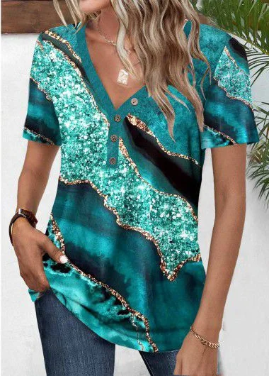 Women's Short-Sleeve V-Neck Printed Suprem Blouse with Front Buttons - Janes - by Peralane - photo 3
