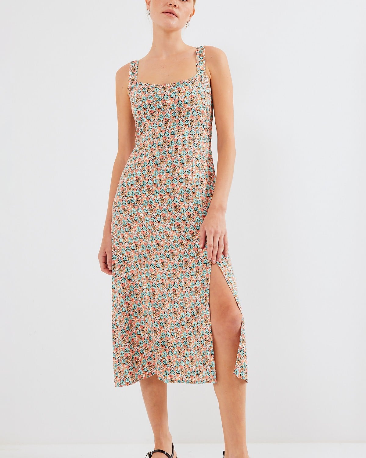 Printed Slit Sleeveless Viscose Midi Dress - Multicolour - Bigdart - by Peralane
