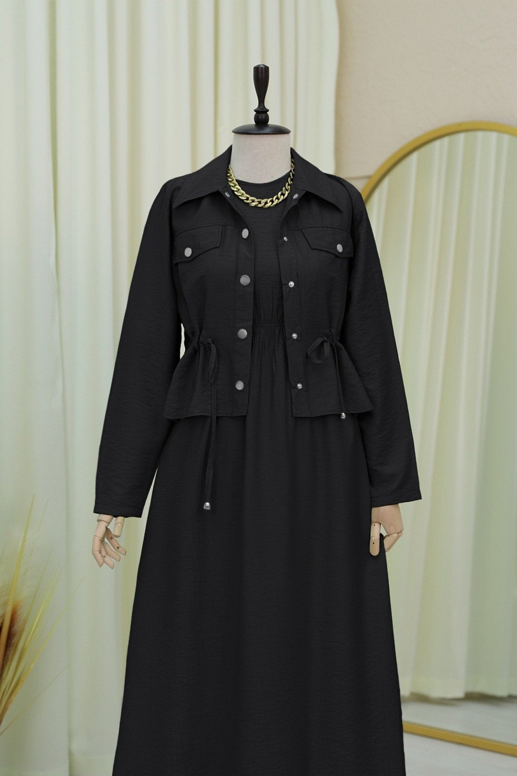 Black Shirt Dress with Metal Buttons and Tie Waist - Podyumplus - by Peralane - photo 4