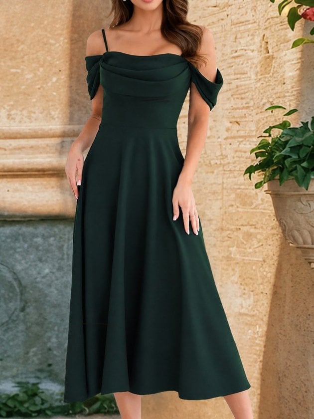 Women's Off-Shoulder Spaghetti Strap Heart Neckline Long Crepe Dress - Janes - by Peralane