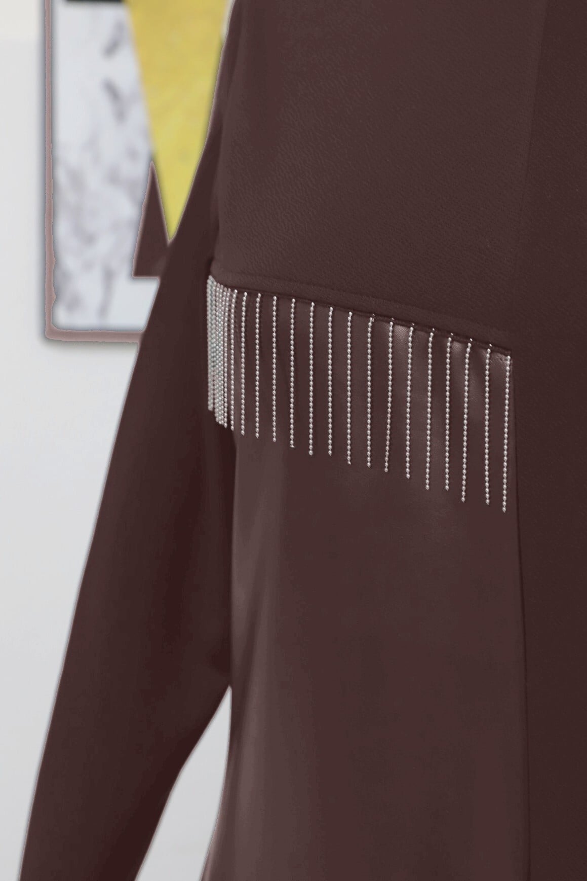 Women's Long-Sleeved Dark Brown Dress with Leather Details and Belt - Podyumplus - by Peralane - photo 5