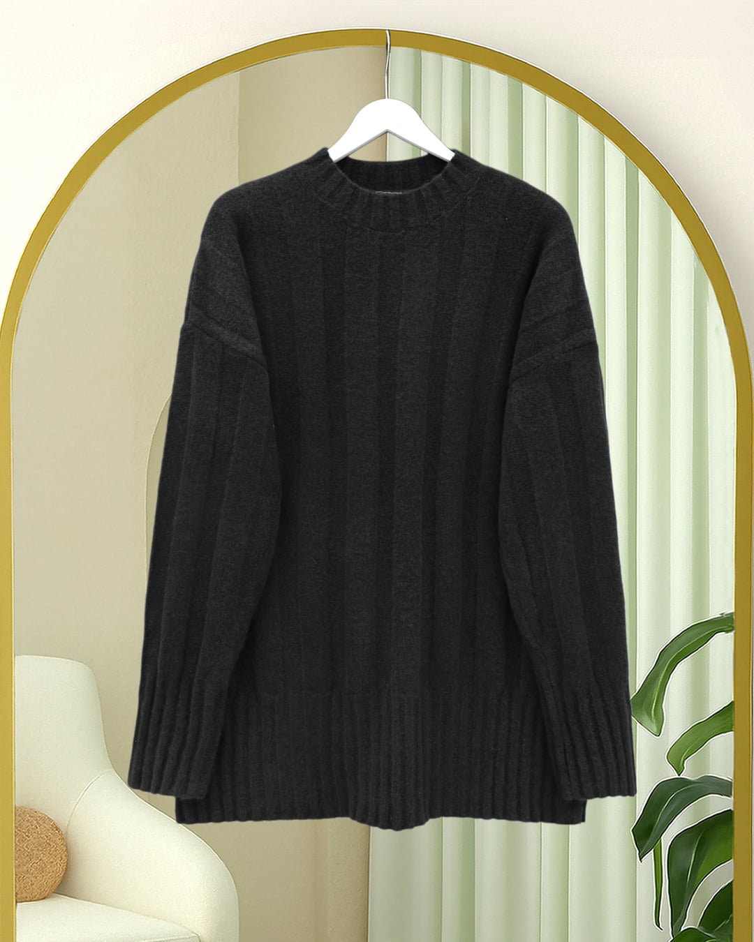 Half-Collar Striped Knit Sweater - Black - Podyumplus - by Peralane - photo 5