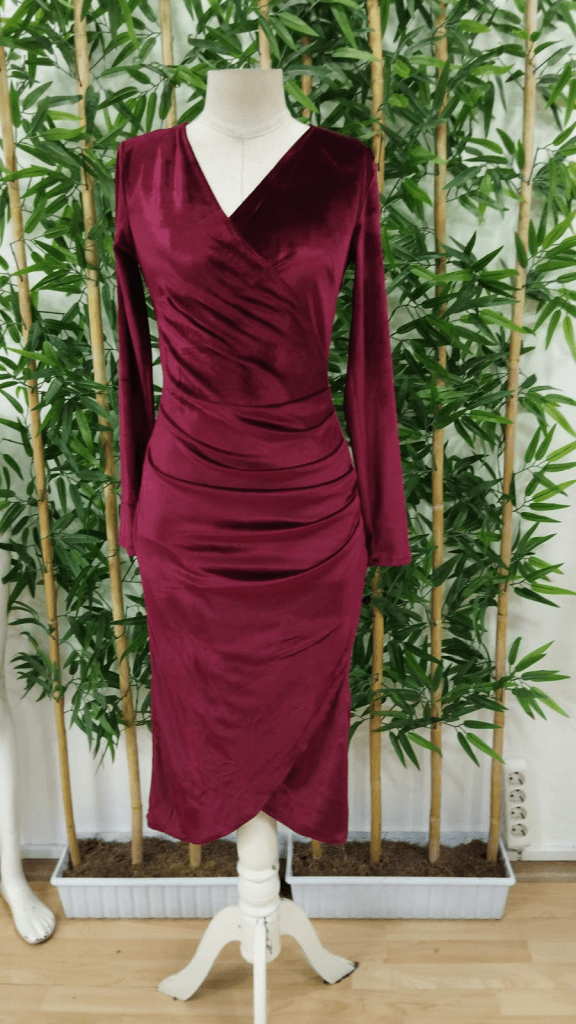 Women's Long-Sleeved V-Neck Wrap Midi Velvet Dress, Deep Red - Janes - by Peralane - photo 3