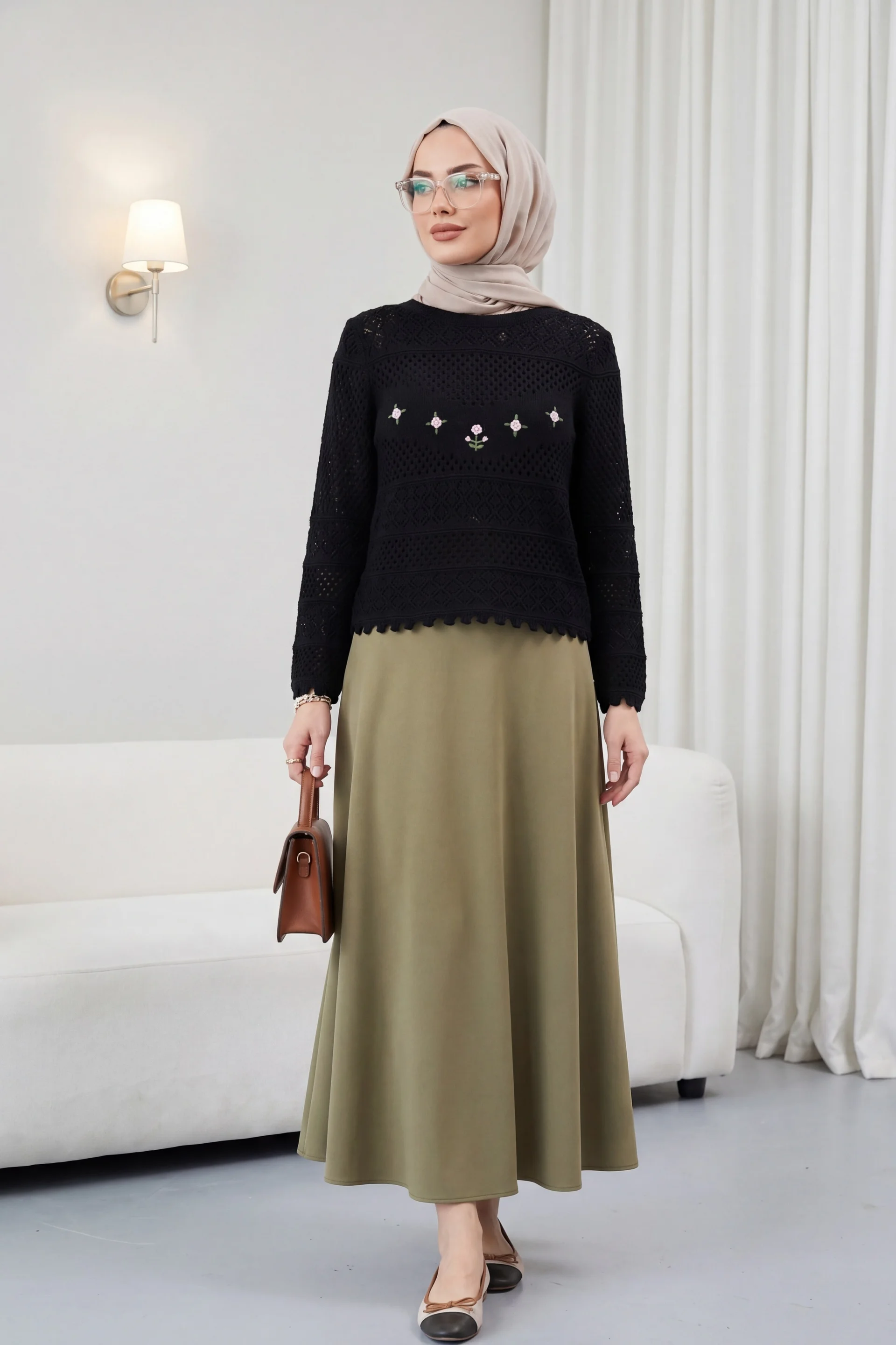 Black Floral Embroidered Openwork Knit Sweater - Podyumplus - by Peralane - photo 3