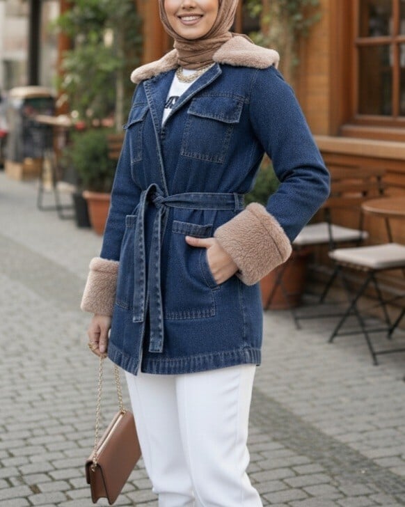 Women's Indigo Denim Jacket with Faux Fur Collar and Tie Belt - Podyumplus - by Peralane - photo 7